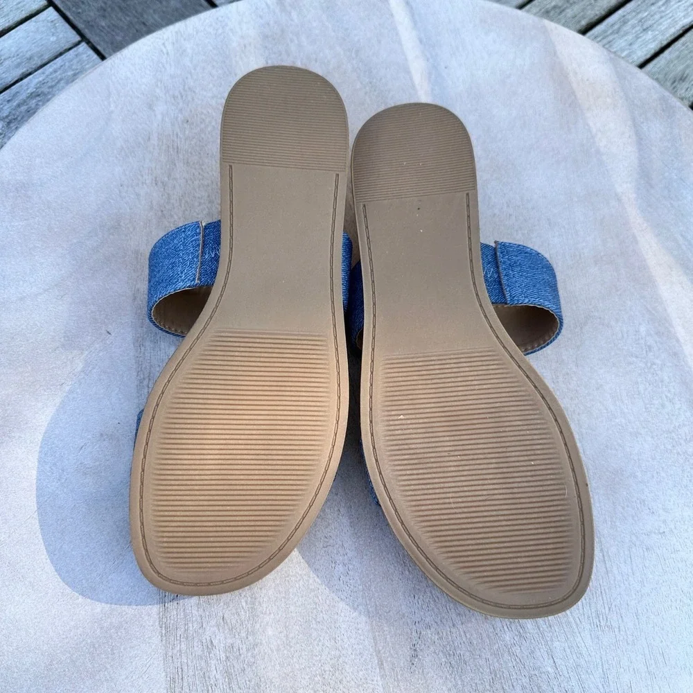 Lauren Conrad LC Womens Slide Sandals Size 8 Blue Denim Double Strap Flat Slides